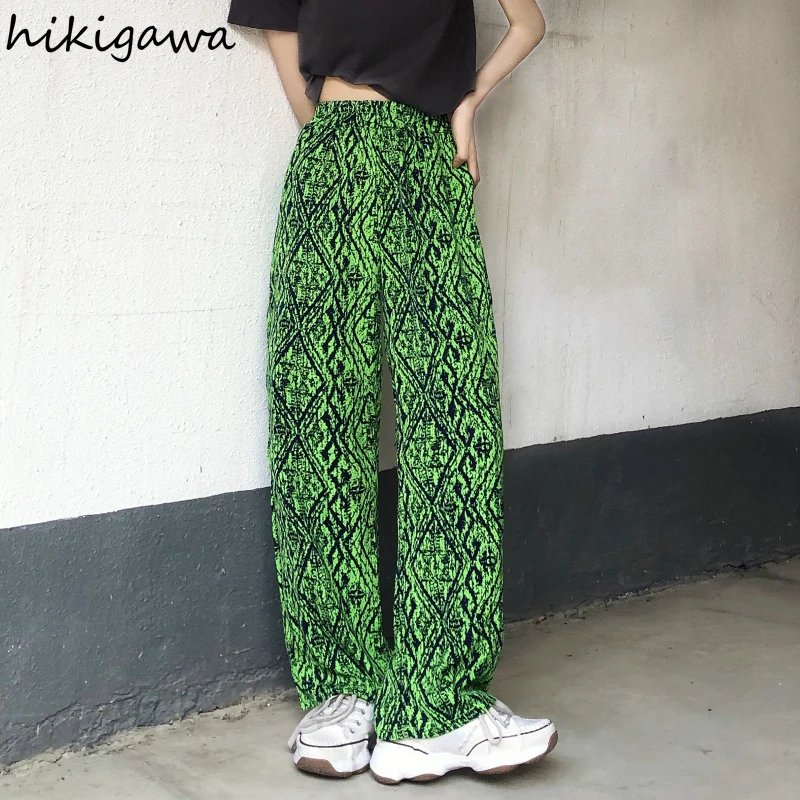 

Hikigawa Korean Streetwear Casual Trousers Women 2021 Summer Green Elastic Waist Loose Thin Wide-leg Pants Straight Sweatpants