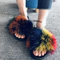new ladies real fox fur slippers colorful furry sandals fluffy raccoon fur slides female fashion plush shoes womens flip flops