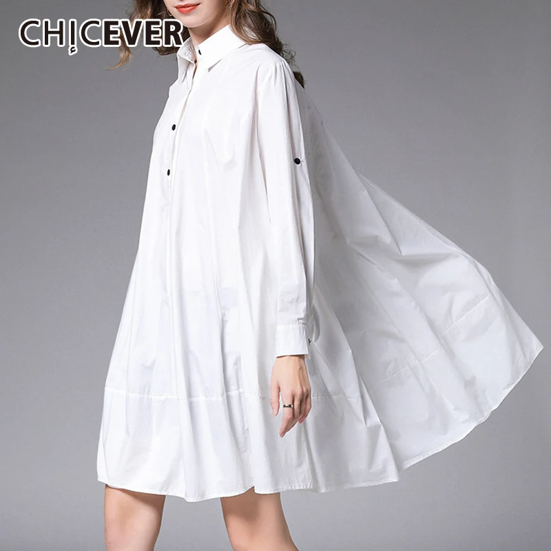 

CHICEVER Black Loose Casual Dress For Women Lapel Lantern Long Sleeve Mini Ruched Oversize Dresses Females Clothing 2021 Fashion