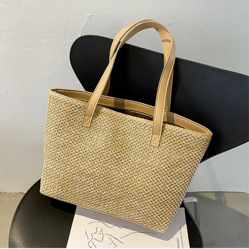 

Fashion Women Beach Summer Straw Woven Pure Color Shoulder Shopping Tote Bag Casual Ladies Large Capacity Handbags