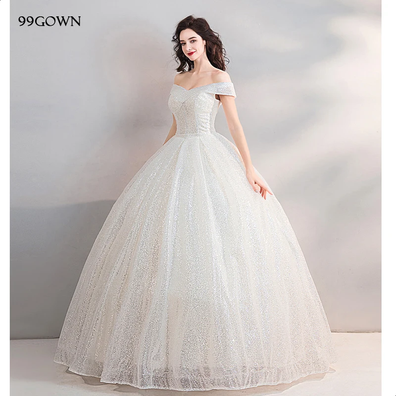 

99GOWN 2019 Luxury Satin A-Line Ball Gown Wedding Dress Elegant Off Shoulder Lace-Up Glitter Embroidery Bridal Dresses