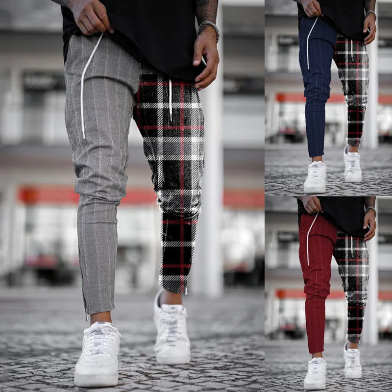 Plaid Men Pants Striped High Waisted Drawstring Pant Autumn Streetwear Men Clothing Boyfriend Skinny Pencil Pants Trousers 2021