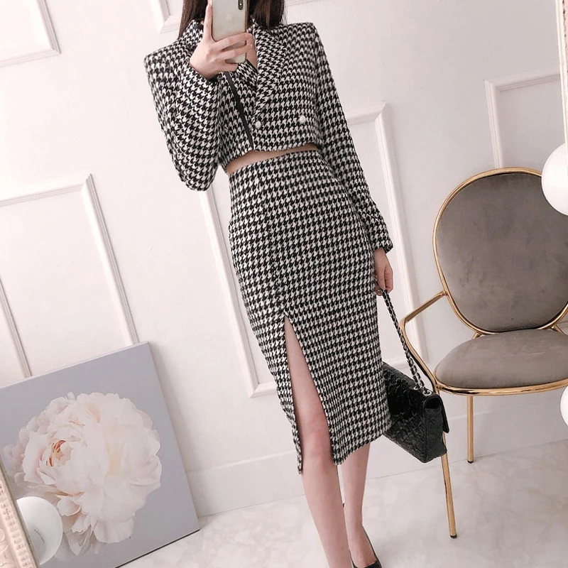 Autumn Winter Vintage Houndstooth Skirt Set Women's Elegant Two-Piece Set Layies Blazer Jacket  Package Hip Skirt Female Outfit