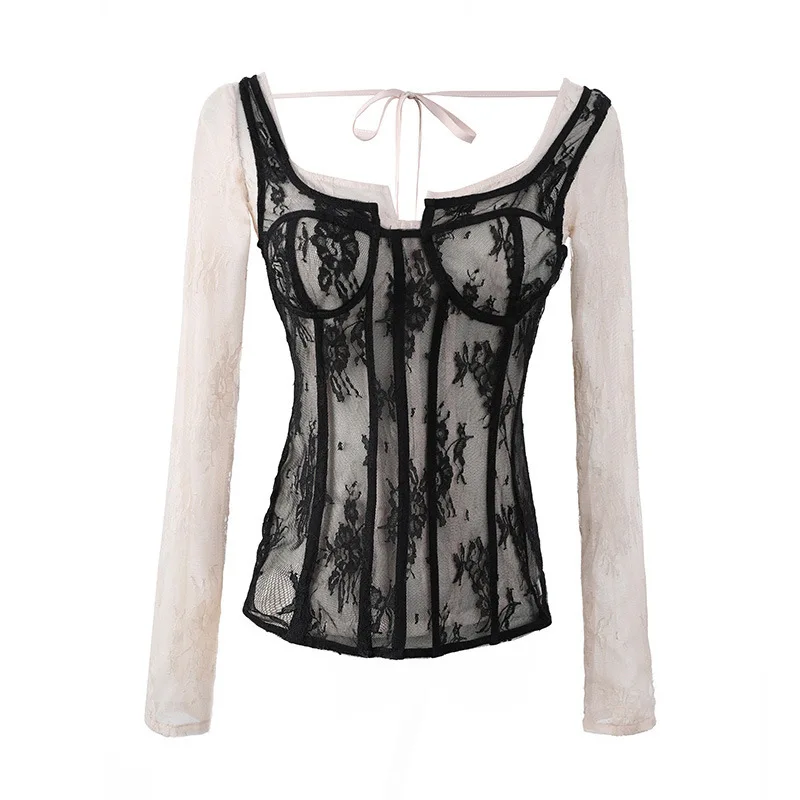

21 spring and summer new slim lace bottoming shirt female sexy off-the-shoulder fake two-piece wild long-sleeved shirt