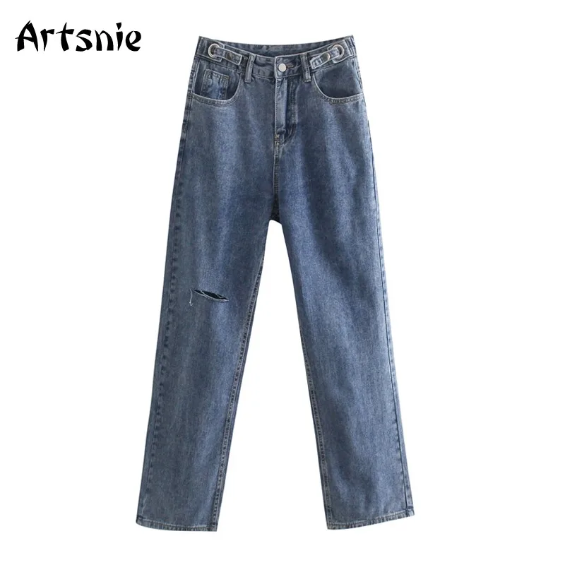 

Artsnie Summer 2021 Vintage Denim Pants Women High Waist Casual Jeans Boyfriend Streetwear Hole Ripped Blue Straight Long Pants