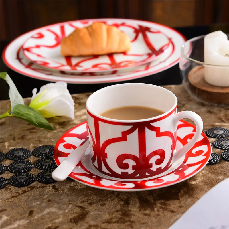 

Chinese red luxury European bone China home coffee cup and saucer set English afternoon tea cup set luxury
