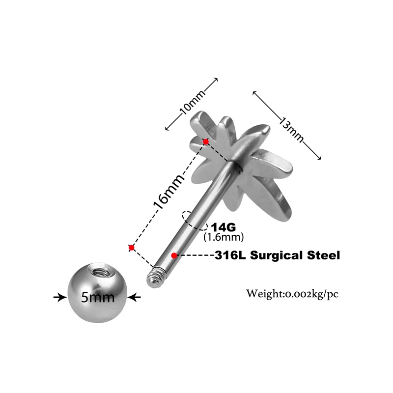 1 шт. Горшок Лист язык пирсинг кольцо Штанга из нержавеющей стали стержень