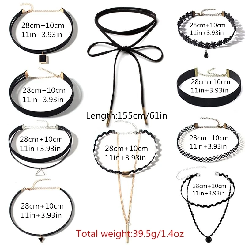 

10Pcs/Set Punk Black Color Flannel Chain Necklace Fashion Geometric Pendant Necklace Women Gothic Lariat Choker Collier Jewelry