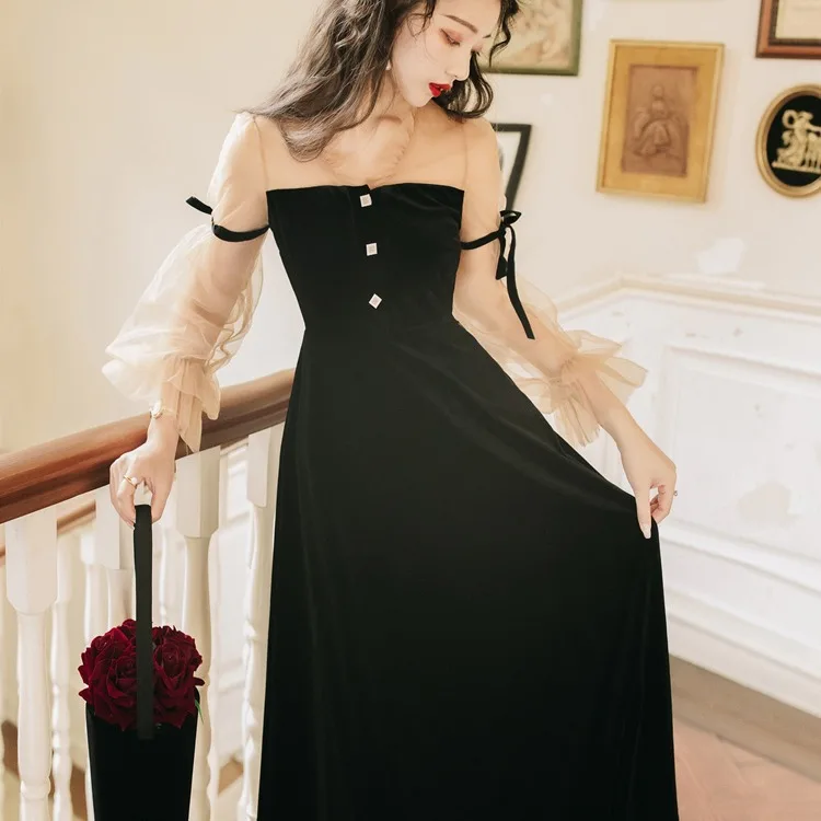 

European and American women's retro stitched mesh dress 2021 fall slim fashion skirt