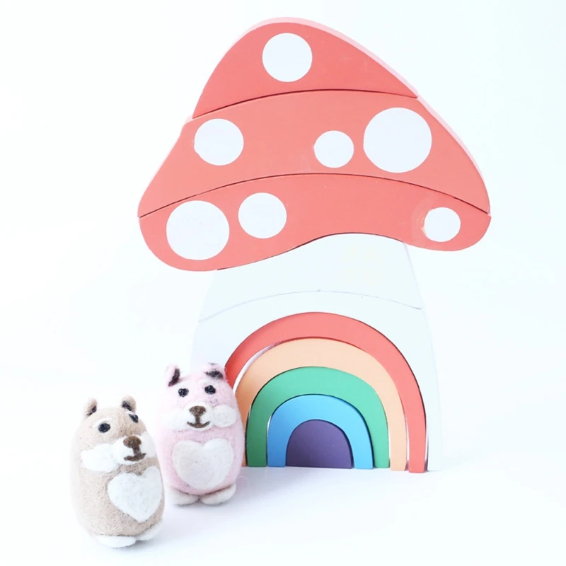 

Early Learning Educational Mushroom Rainbow Building Blocks Cute Wooden Block Baby Model Building Toy for Children