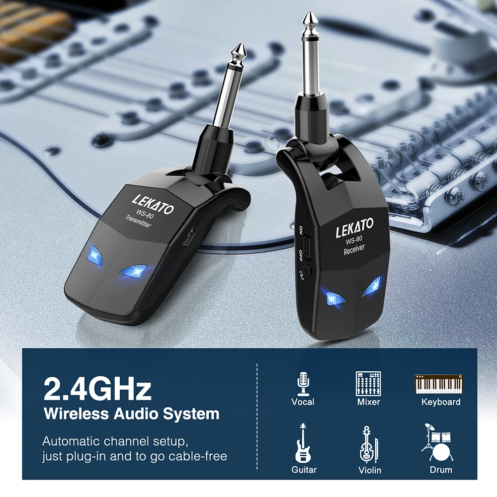 

LEKATO 2.4GHz Guitar Wireless System Transmitter Receiver Wireless Guitar Bass System Built-In Rechargeable Guitar Transmitter