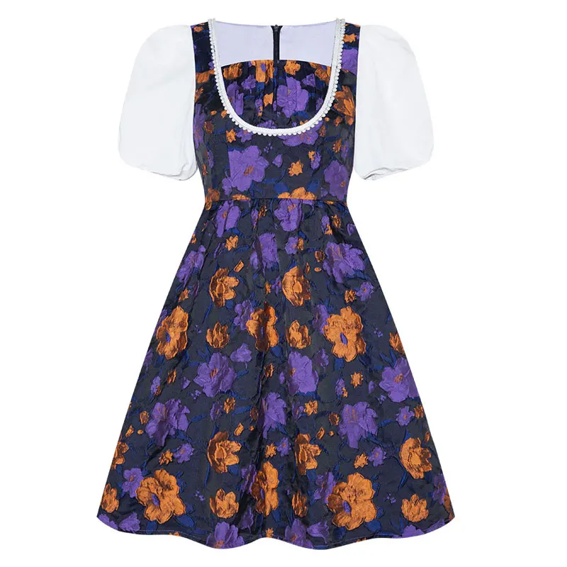 

Pearl Beaded Square Collar Puff Sleeve Purple Floral Ball Gown Jacquard Dress