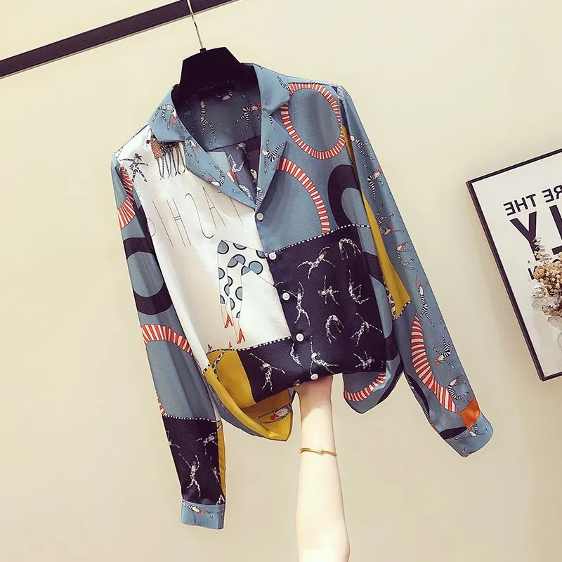 Женская рубашка с длинным рукавом тонкая Свободная блузка принтом корейская