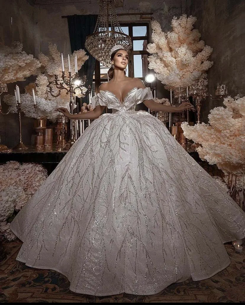 

2022 Luxury Vestidos De Novias Off the Shoulder Sweetheart Short Sleeve Ball Gown Bling Lace Wedding Dresses