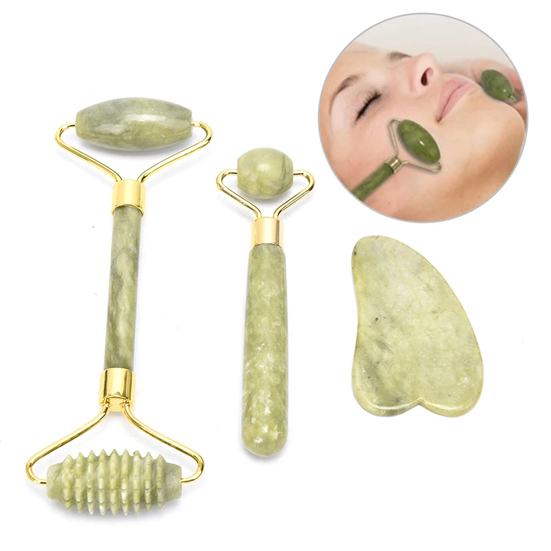 

Natural Gouache Scraper Massager For Face Jade Roller Facial Skin Care Tools Body Back Beauty Slimming Massagers Roller Set