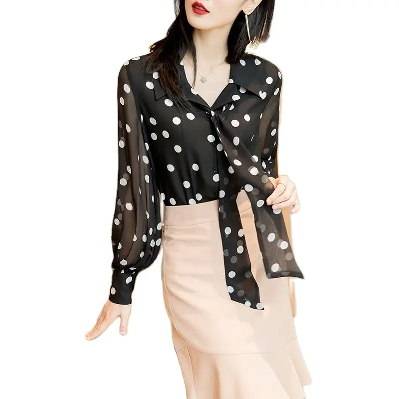 

Spring long-sleeved chiffon shirt female elegant black polka-dot single-breasted cardigan chiffon shirt women shirts blouses