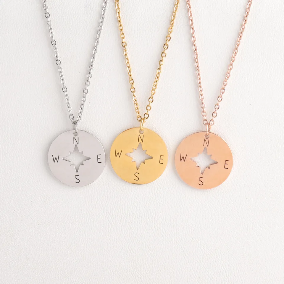 Classic Compass Stainless Steel Necklace for Women Lover's Gold and Silver Color Tiny Round Pendant necklace Jewelry | Украшения и