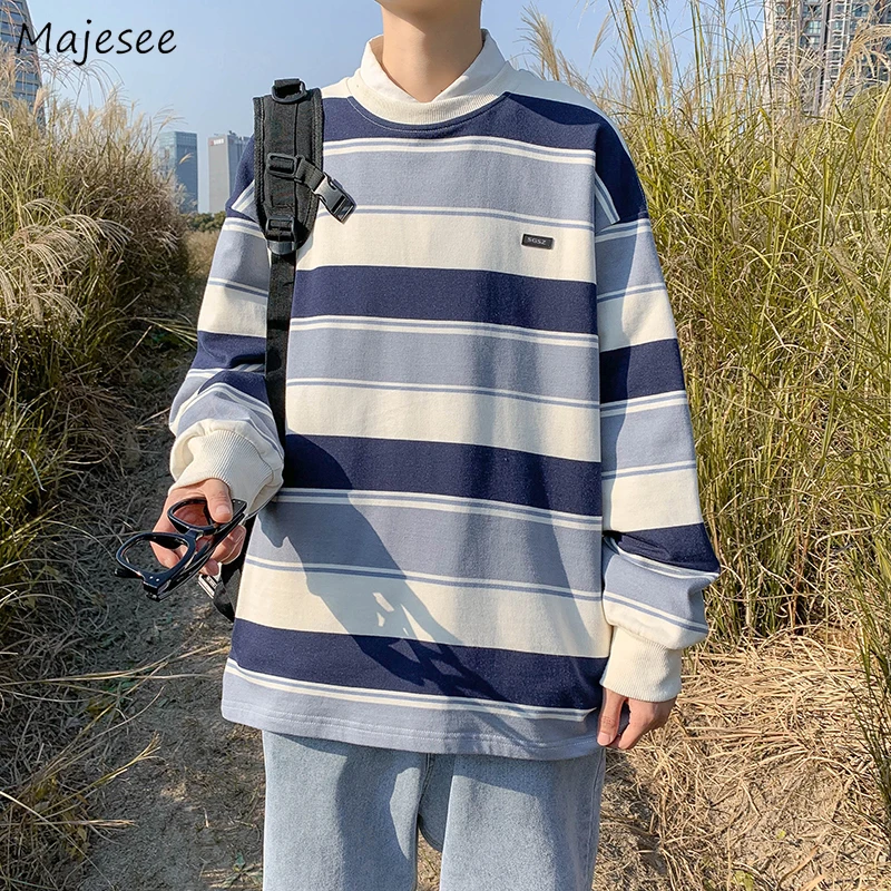 

Men No Hat Hoodies Striped Japan Style Loose Harajuku Leisure Streetwear Retro Sweatshirts Hip-hop Baggy Long Sleeve Students