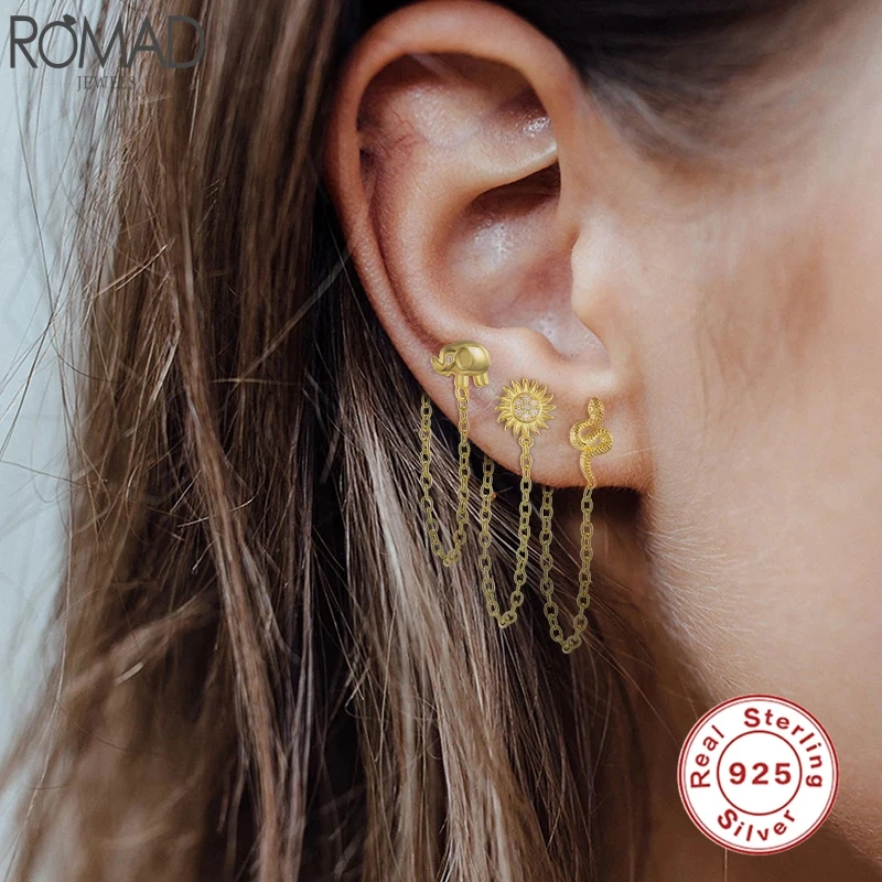 

Romad 925 Sterling Silver Stud Earrings Sunflower Elephant Bee Cross Snake Tassel Chain Earring For Women Fine Jewelry Aretes W4