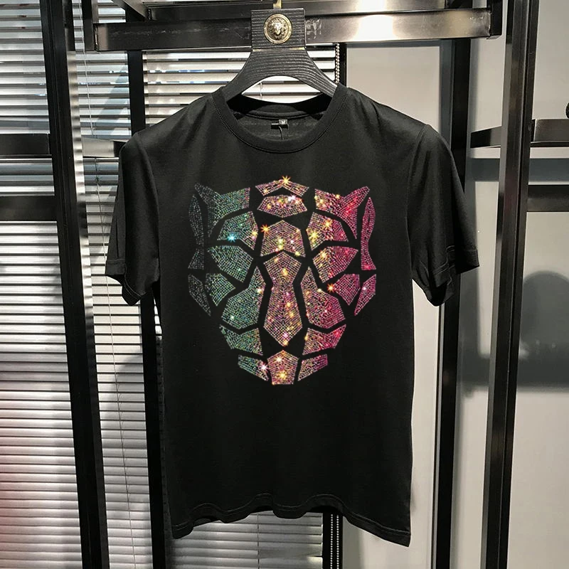 

Новый европейский Мужская летняя футболка популярные хлопковые камуфляжные головы леопарда элемент 3D с коротким рукавом стразы Тонкий Топ
