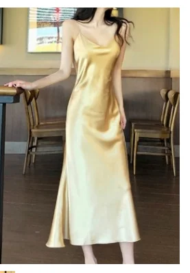 

Hirigin 2020 Fashion Women's Satin Sleeveless Suspender Dress V-Neck Fishtail Design Long Dress (S/M/L)