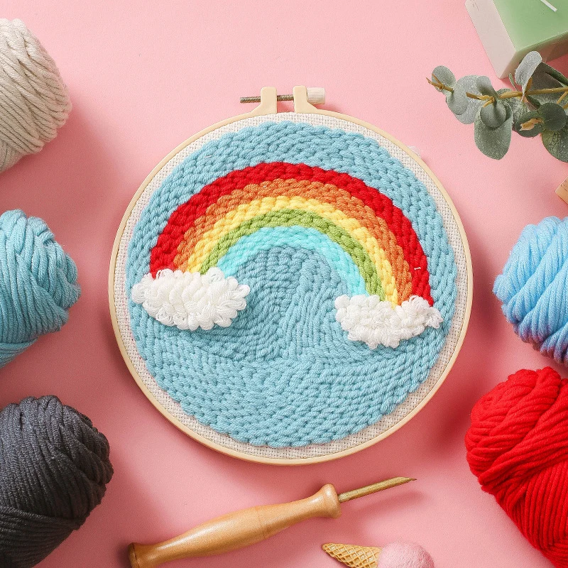 Rainbow Colorful DIY Punch Needle Embroidery Kit with Hoop Cross Stitch Set for Beginner Handmade Sewing Art Craft Home Decor Gi | Дом и сад