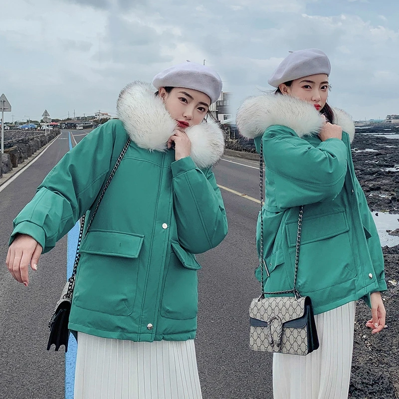 2019 New Lace Up Ruched Hooded Winter Bread Jacket Women Down Cotton Loose Thick Large Fur Collar Parka Warm Coat Outwear | Женская