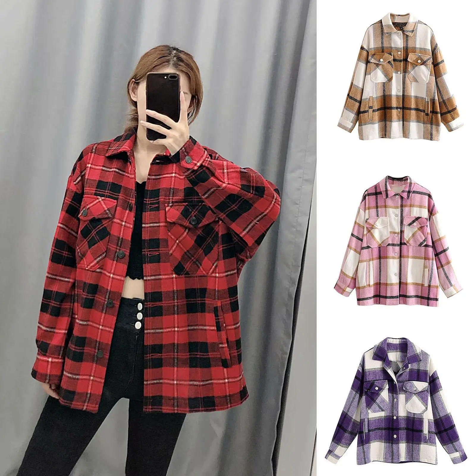 

Пиджак женский, клетчатый, с карманами, оверсайз, с отложным воротником, длинным рукавом, 2020