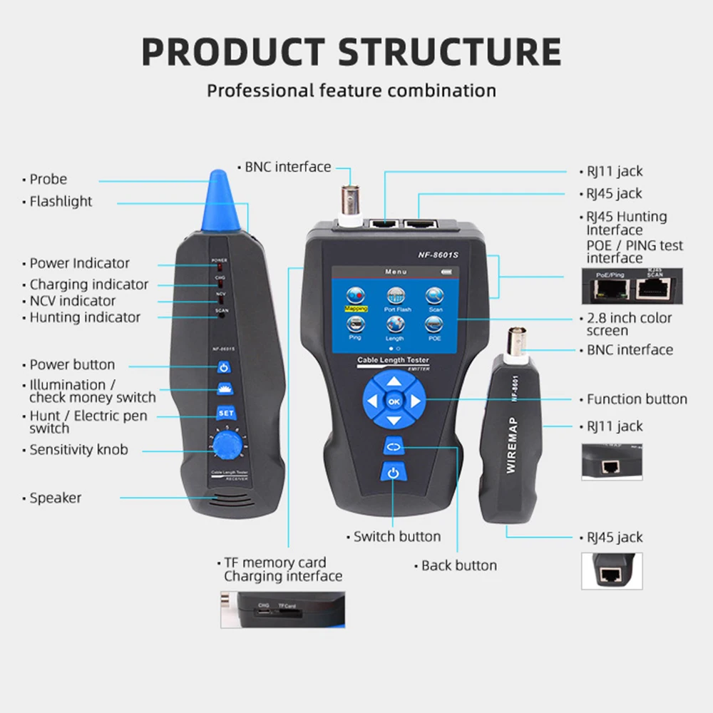 Noyafa NF-8601S POE Тесты er Многофункциональный повреждения кабеля в RJ11 &amp RJ45 BNC длина