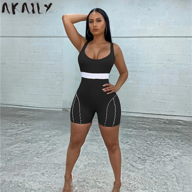 

Akaily Streetwear Black Striped Patchwork Rompers Summer Womens Jumpsuit Solid Sleeveless Backless Playsuit Female Activewear