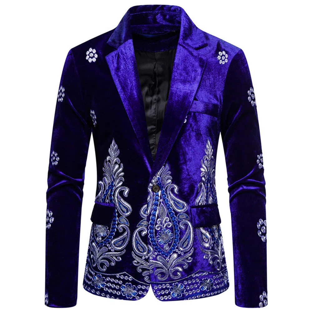 

New Men Blazer Costume Stage Jacket Suit Male Velvet Gold Thread Embroidered Dress Suit for Men