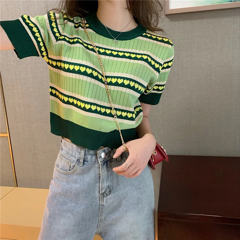 

2021 Summer New Silk Knitted Striped T-shirt Bottoming Shirt Internet Hot Fresh Avocado Green Women's Short-Sleeved Top