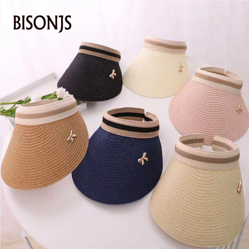 Женская Соломенная шляпка от солнца BISONJS плетеная пустая с бантом уличная летняя