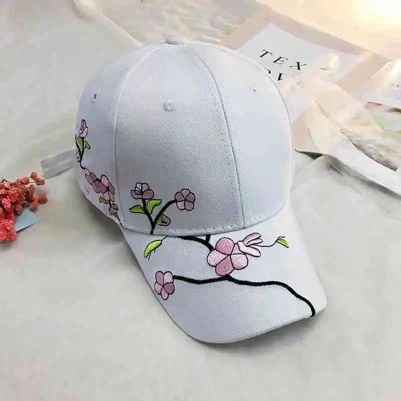 

Plum Flowers Embroidery Women Baseball Cap Cotton White Black Adjustable Snapback Hat Spring Summer Outdoor Leisure Hat