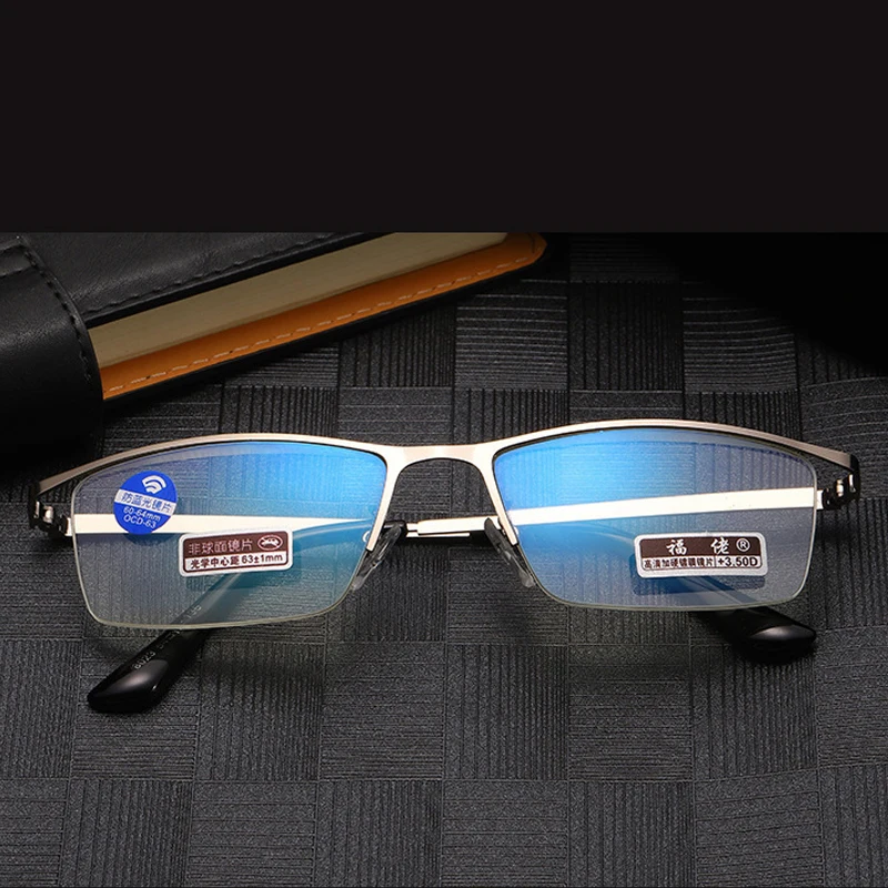 Новый стиль очки для чтения мужчин Анти синий свет Полукадр диоптрии металл +1