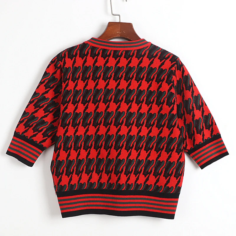 

Houndstooth Red T Shirt for Women Knitted Cropped Tops 2021 New Ladies Tops Round Neck Short Sleeve Pullover Slim Knit Shirt