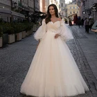 Элегантное Тюлевое винтажное свадебное платье-трапеция, с рукавом-крылышком 34, длиной шикарное свадебное платье, 2021