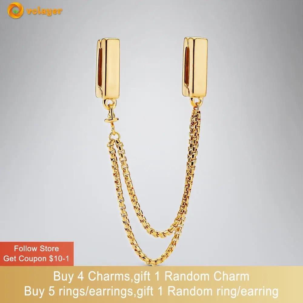 

Volayer 925 Sterling Silver Bead Golden Safety Chain Clip Charm fit Original Pandora Bracelets for Women Jewelry Making Gift