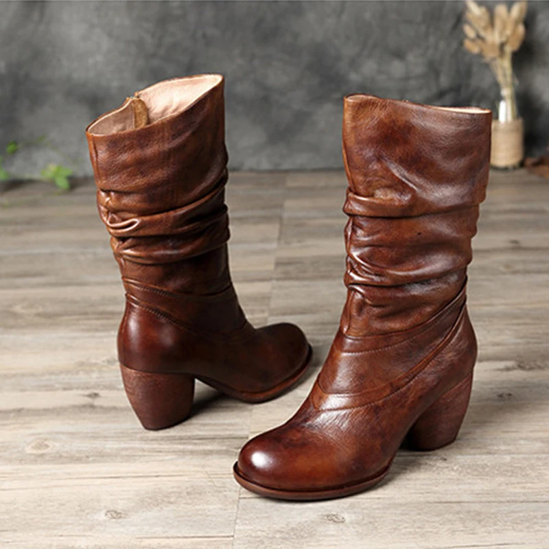 Женские зимние сапоги до середины икры обувь ручной работы из натуральной кожи