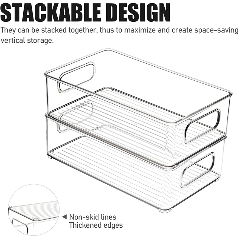 

4 Pack Refrigerator Organizer Bins - BPA-Free Stackable Plastic Clear Storage Bins with Handles, Food Storage Containers