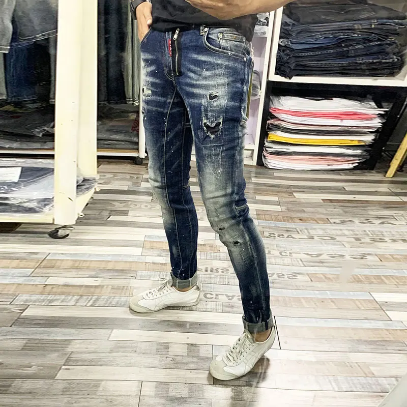 European Street Style Fashion Men Jeans Retro Blue Elastic Slim Fit Ripped Jeans Spliced Designer Hip Hop Denim Punk Biker Pants