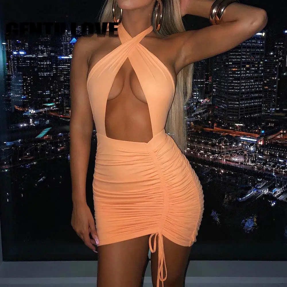 

Gentillove Halter Pleated Hollow Out Drawstring Women Summer Cross Sexy Solid Buttocks Mini Dress High Waist Party Club Street