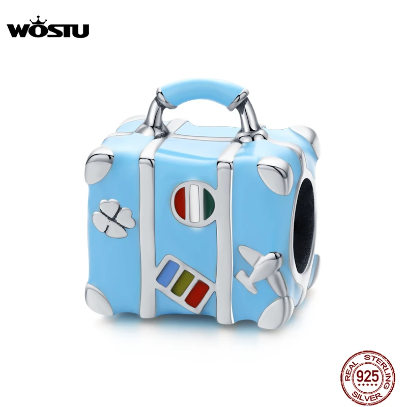 

WOSTU New Fashion 925 Sterling Silver Suitcase Luggage Blue Beads Fit Original Bracelet Charm Pendant Jewelry Making CQC1377