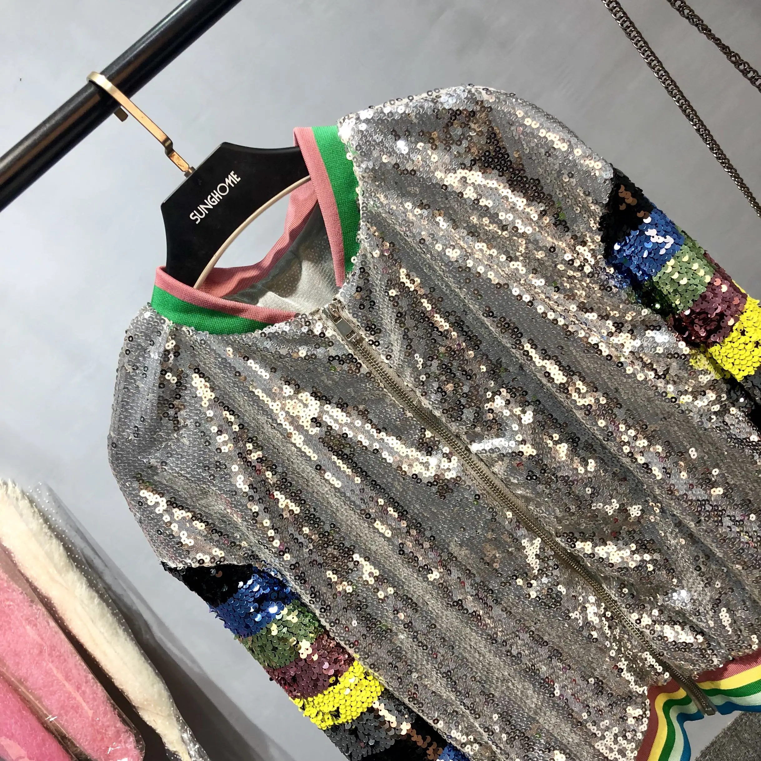 Бейсбольное Пальто Harajuku бейсбольное пальто с радужными блестками и бисером
