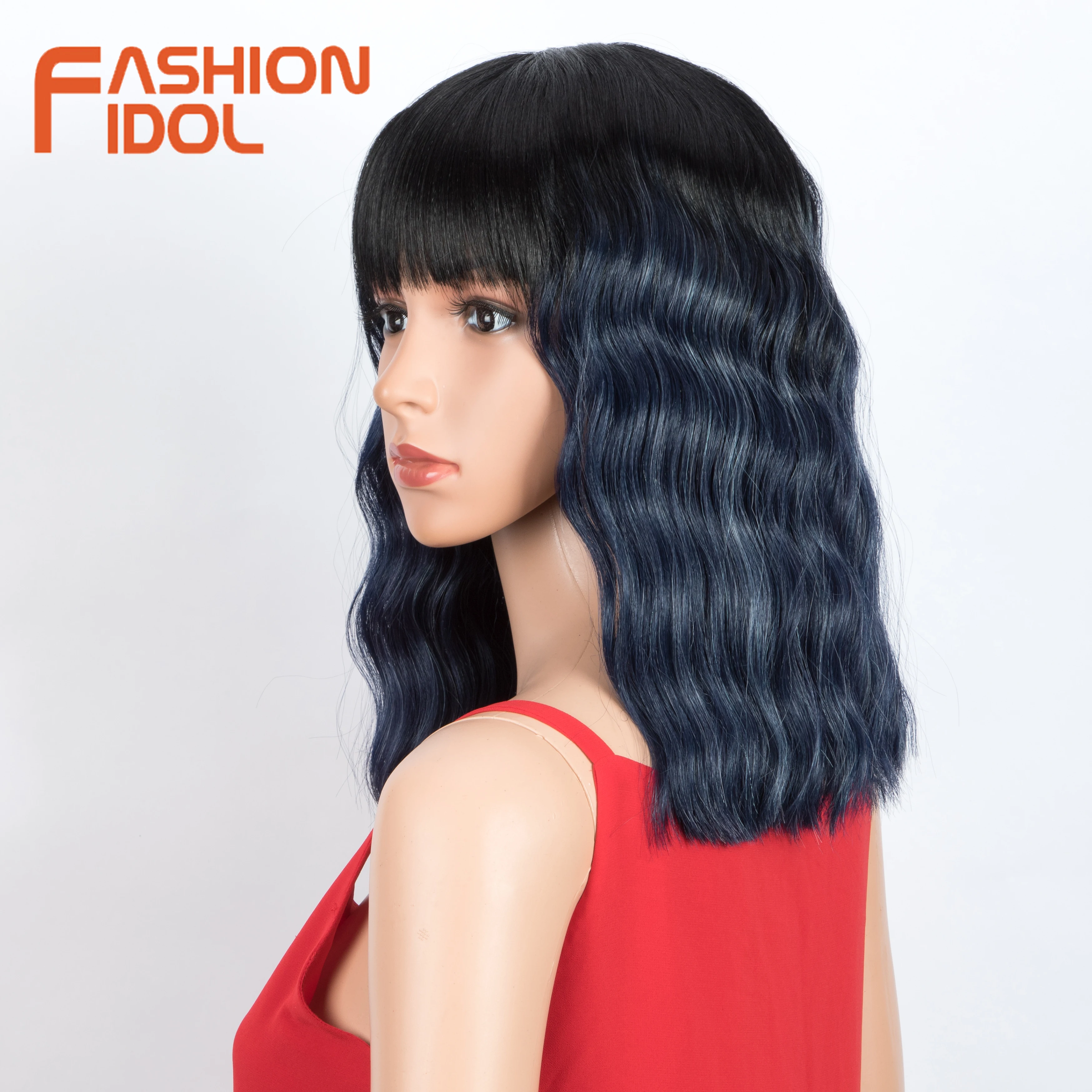 

Fashion Idol Gothic Lolita Wigs Bangs Water Wave Hair 14 Inches Synthetic Brown BLue Purple Wig For White Women Heat Resistant