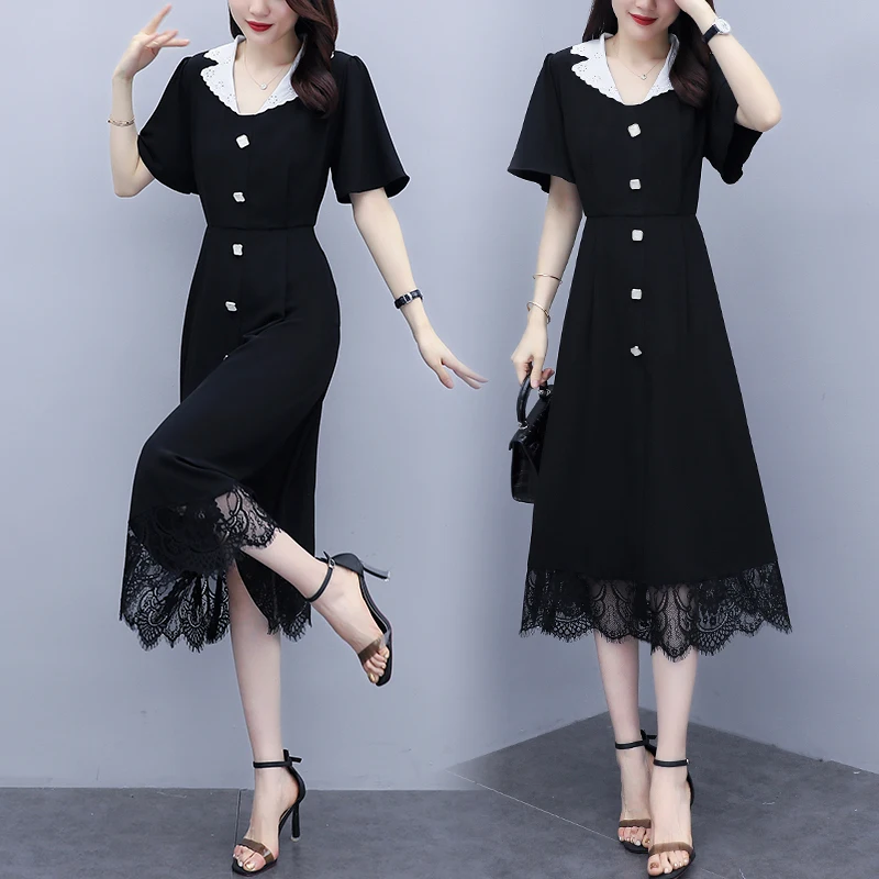 Женское кружевное платье размера плюс с коротким рукавом черное повседневное