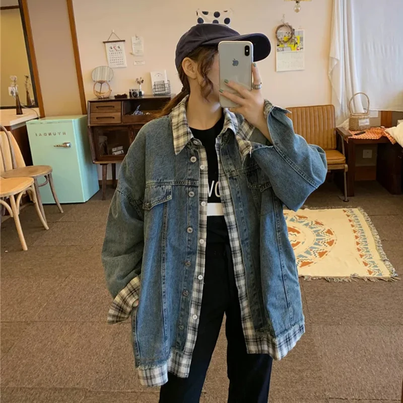 

Куртка женская джинсовая в клетку, однобортная Свободная джинсовая куртка в Корейском стиле, в стиле бойфренд, в ковбойском стиле, студенче...