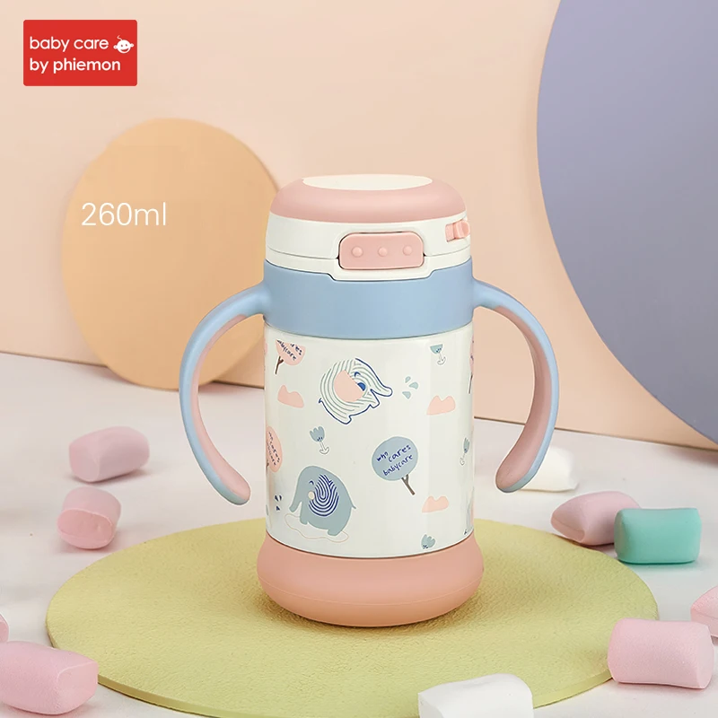 Babycare/260 мл Термос для детей, Термокружка с соломинкой, противоскользящая, для детей, для питья, для кормления, бутылка из нержавеющей стали - Цвет: pink-260ml