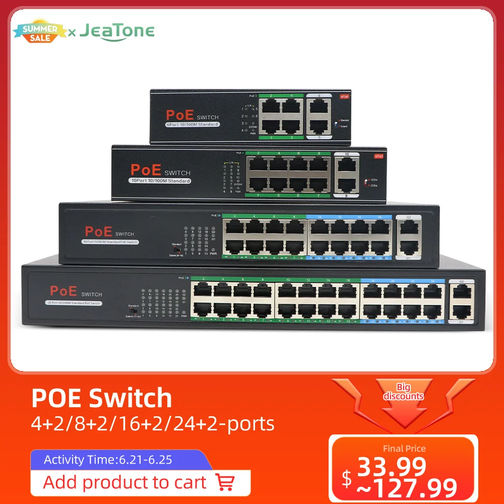 

Jeatone 250m 4/8/16/24+2-port Extend Ethernet Splitter Switch with 8-Ports PoE+2-Uplink 10/100Mbps for IP camera/ Video intercom
