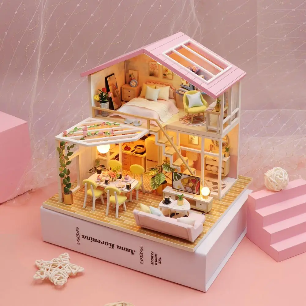 

3D Wooden Miniature DIY Dollhouse Handmade Furnitures Lights Doll House Model Princess Castl Building Toys Adult Child Girls